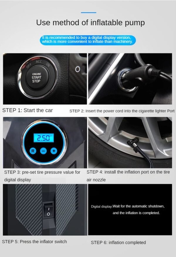 our versatile tire inflator, perfect for your car, boat, inflatable raft, and more! Whether you're inflating car tires, balloons, soccer balls, basketballs, or even an inflatable house tent, our tire inflator gets the job done efficiently and effectively. With its portable design and various adapters, including a cigarette lighter adapter for car tires, you can easily inflate any object wherever you are. Say goodbye to flat tires and low pressure with our reliable and convenient tire inflator.